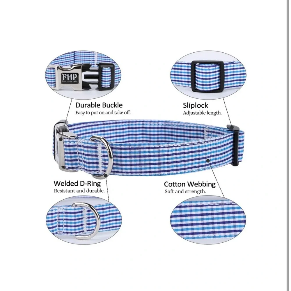Blue Checkered Grid Dog Collar and Detachable Bow Tie Set - Adjustable - Large